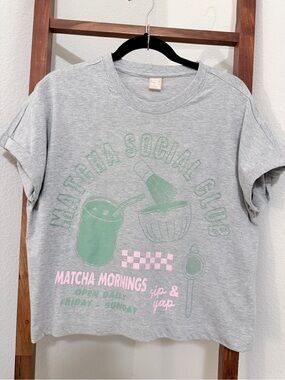 Matcha Social Club Women's Gray Boxy Graphic Tee Embroidered Size L